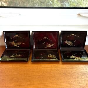 Vintage Japanese Lacquerware Trays Set of 6, Scenic Gold Red Design